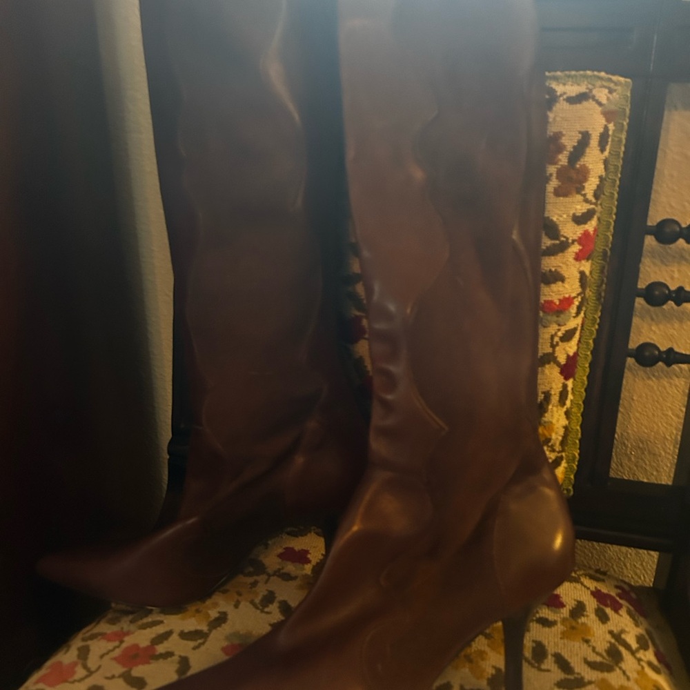 Elegant Brown Women's Boots leather with faux suede stretch detail. Never worn